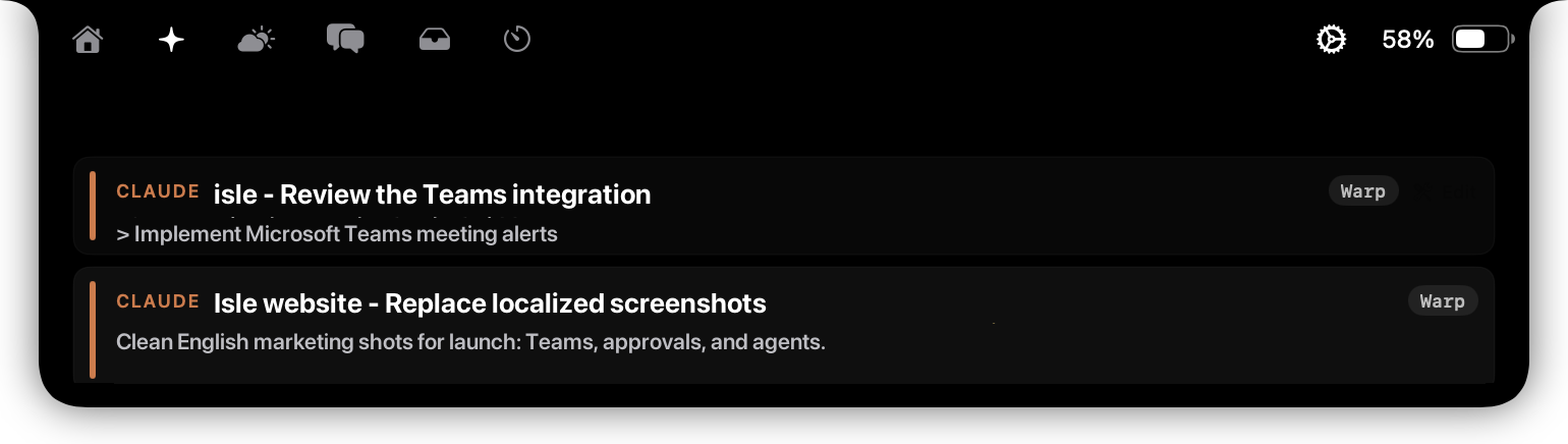 Isle Agents tab showing multiple AI coding sessions grouped by status