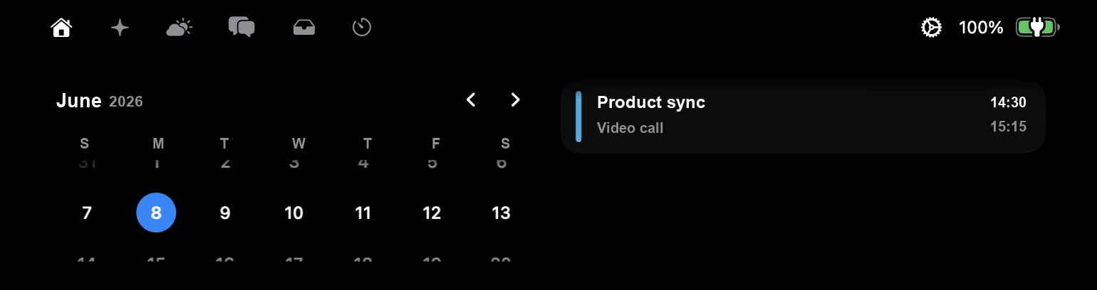 Isle Calendar tab showing a product sync meeting in the Dynamic Island
