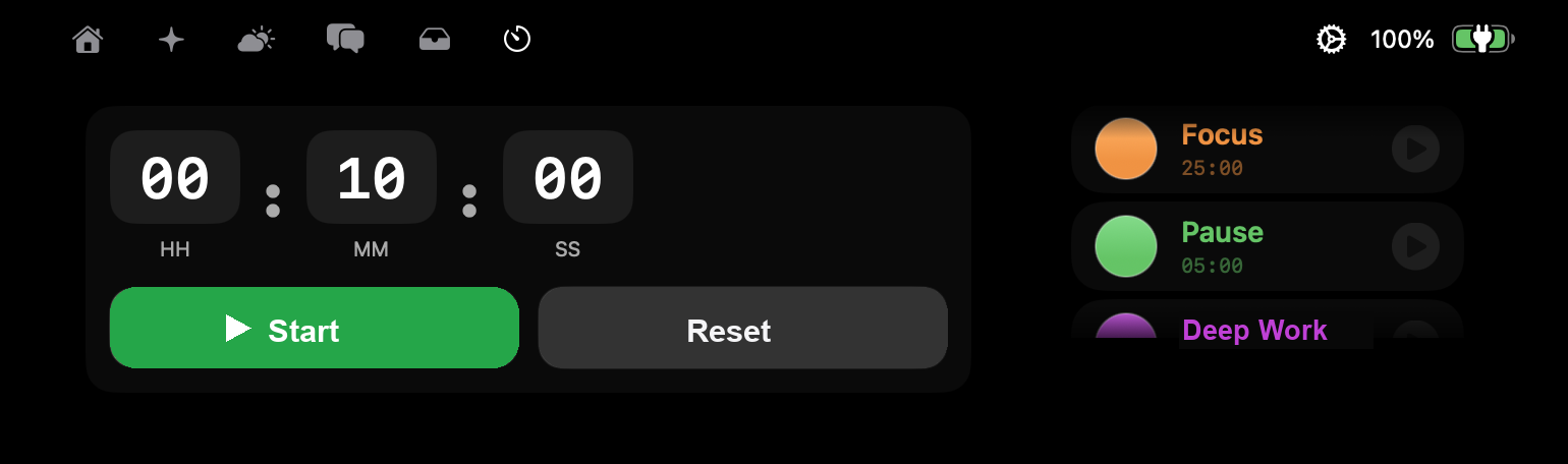 Isle Focus tab showing a timer and focus presets in the Dynamic Island