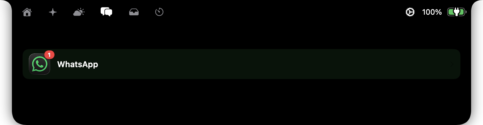 Isle Messages tab showing an unread WhatsApp notification in the Dynamic Island