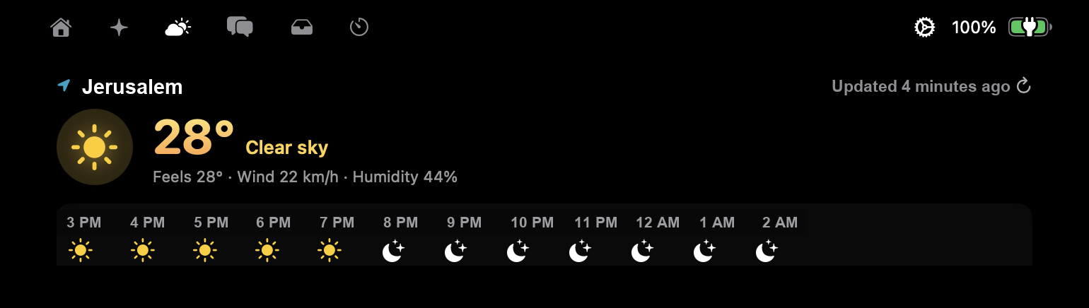 Isle Weather tab showing Jerusalem weather and hourly forecast in the Dynamic Island