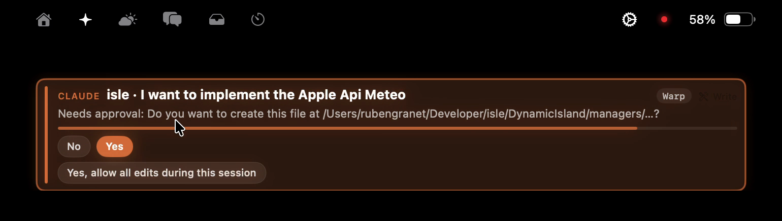 Isle showing a Claude Code permission request in the MacBook notch