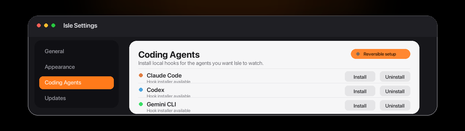 Isle settings screen for connecting coding agents